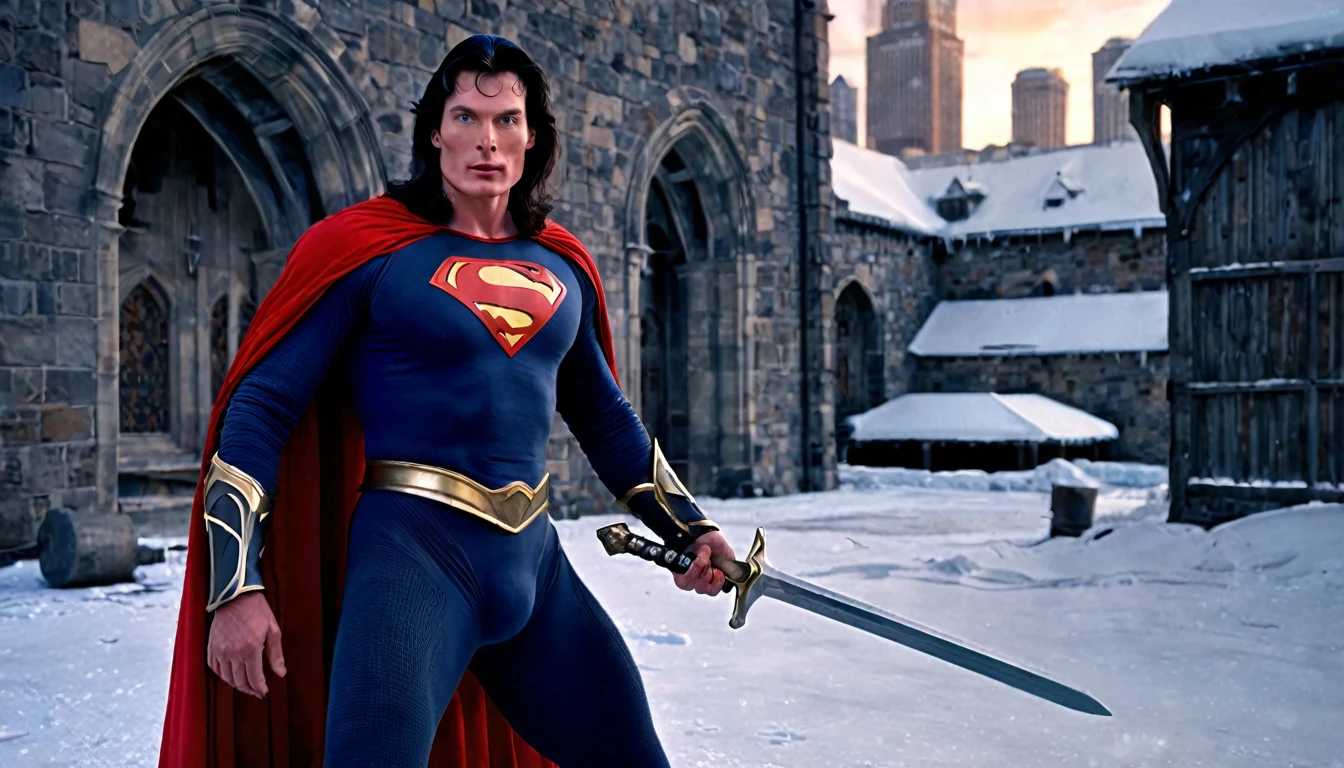 Medieval warrior man, super muscular body on steroids, Christopher Reeve's face, long black hair, dark blue armor, red cape, a big S on his chest, legendary sword in his hand, old ice building in the background, sunset, snow, black floor, ethereal atmosphere, cinematic lighting, photorealistic, (best quality, 8k, high resolution, masterpiece: 1.2), ultra detailed, realistic, photorealistic: 1.37, spectacular lighting, moody, fantasy, concept art