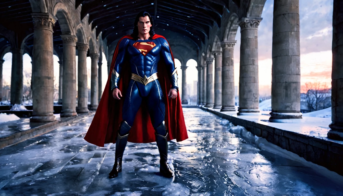 Medieval warrior man, super muscular body on steroids, Christopher Reeve's face, long black hair, dark blue armor, red cape, a big S on his chest, legendary sword in his hand, old ice building in the background, sunset, snow, black floor, ethereal atmosphere, cinematic lighting, photorealistic, (best quality, 8k, high resolution, masterpiece: 1.2), ultra detailed, realistic, photorealistic: 1.37, spectacular lighting, moody, fantasy, concept art