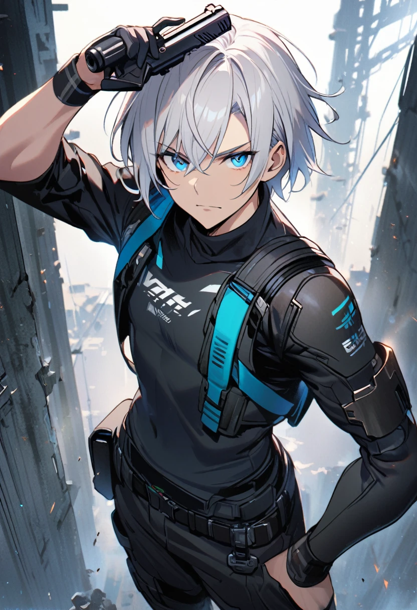 1man, white hair, 1steel arm, holding pistol, blue eyes, tech wear, look to viewer, open jacket
