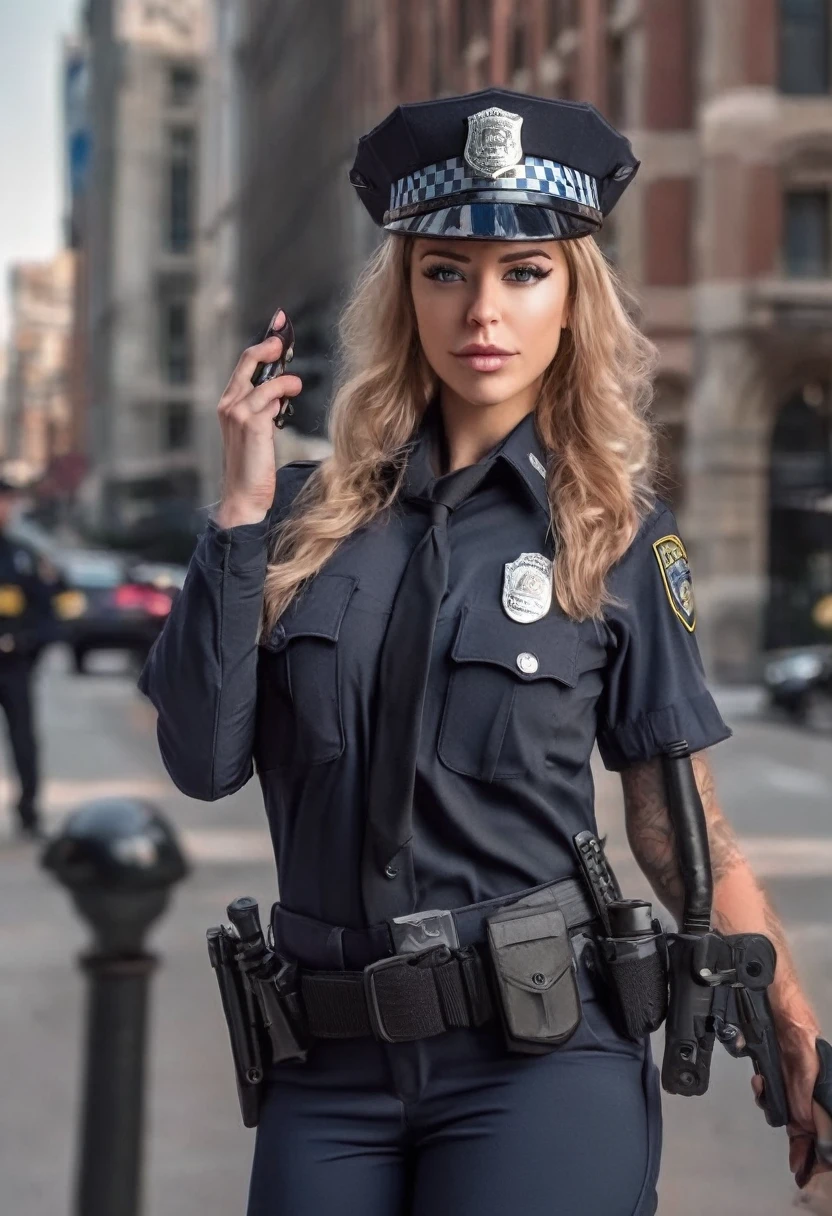 (masterpiece, best quality:1.2), 1girl,laurence bedard in a police uniform holding a cell phone, wearing a police uniform, police officer, police lights shine on her face, brave police j decker face, officer, bodycam, police uniform, full body camera shot, in black uniform, bodycam footage, sparkling-eyes, perfect-eyes, full-lips, perfect-lips, stunningly-beautiful, high-saturation, 35mm-raw-photo, dynamic-composition, intense-expressions, police officer hit, (brave police j decker), cop, police