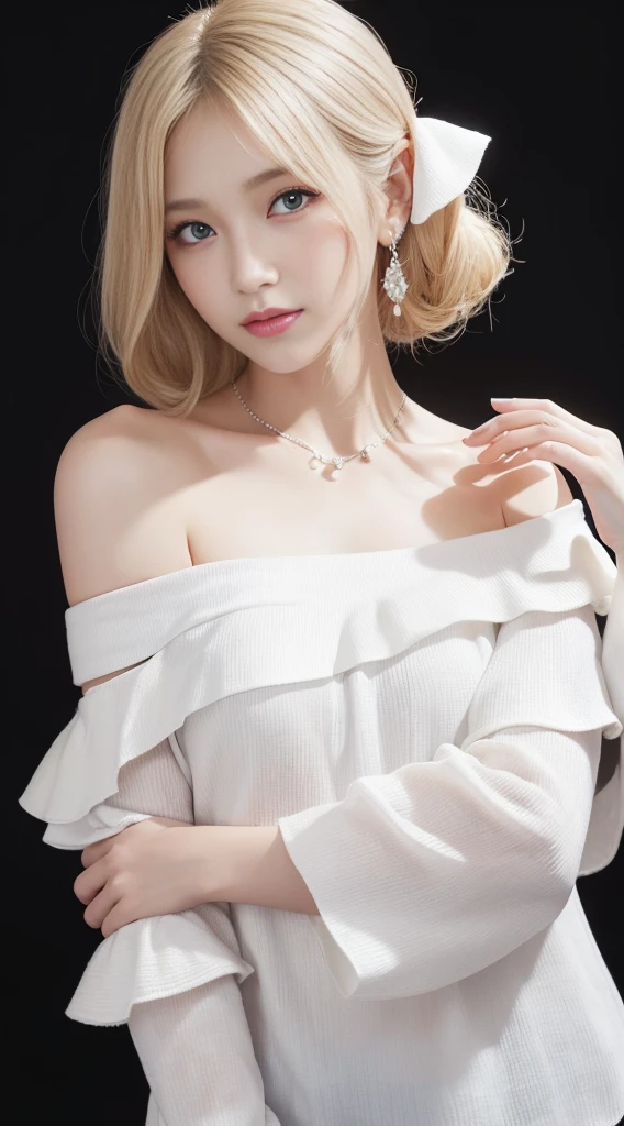 High resolution、high resolution、8K、Real Live Action、(((Off-the-shoulder blouse:1.4, White background、Highest quality:1.4)))、Physically Based Rendering, Portraiture, Super beautiful woman, 18-year-old, Small, large eyes, Fine thin eyebrows, Eye highlights, ハーフアップのWhite Blondeヘア, Highly detailed face and skin texture, Sharp focus, Clear focus:1.2, Slender beauty:1.4, Slim Abs, Oval Face, Lip gloss, Distinct facial features, A kind smile, Are standing, ((White Blonde、Blonde、forehead)), 、Sparkling eyes、Sparkling eyes、Lip glossで輝く唇、