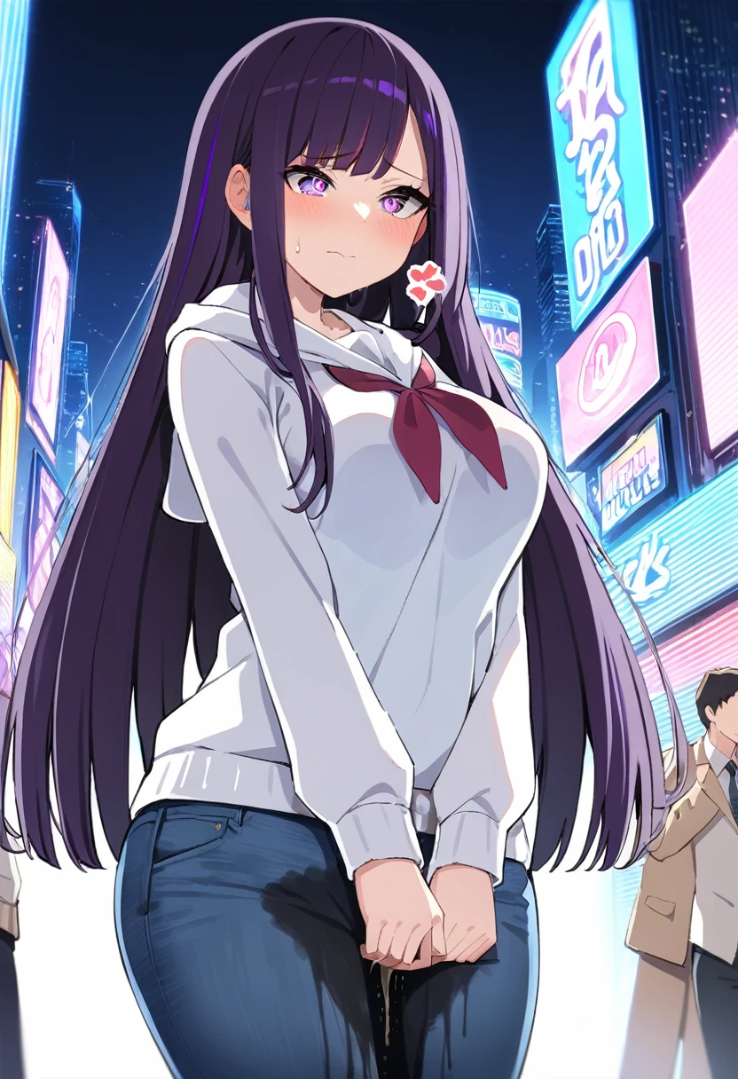 (masterpiece:1.37), best quality, (extremely detailed:1.37), woman, mature, adult, large breasts, very long hair, (straight hair:1.5), dark purple hair, purple eyes, (extremely detailed eyes:1.37), hoodie, jeans, desperation, (wetting: self 3.0), standing, city, futuristic, neon lighting, high-tech, street
