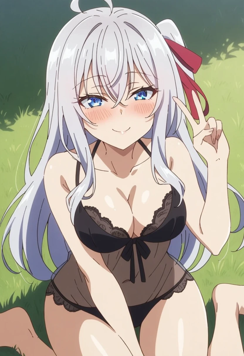 (anime screencap), 2d, masterpiece, best quality, very aesthetic, absurdres, dynamic shadows, atmosferic, alisa_mikhailovna, (1girl), (grey hair), long hair, blue eyes, detailed eyes, ahoge, hair between eyes, bangs, medium breasts, curvy body, makeup, ((intense blush)), cleavage, collarbone, (sexy smile), red hair ribbon, black lingerie, lace-trimmed lingerie, nightgown, see-throught, sexy smile, (upper body), wariza, (v), looking at viewer, grass, clouds, sky