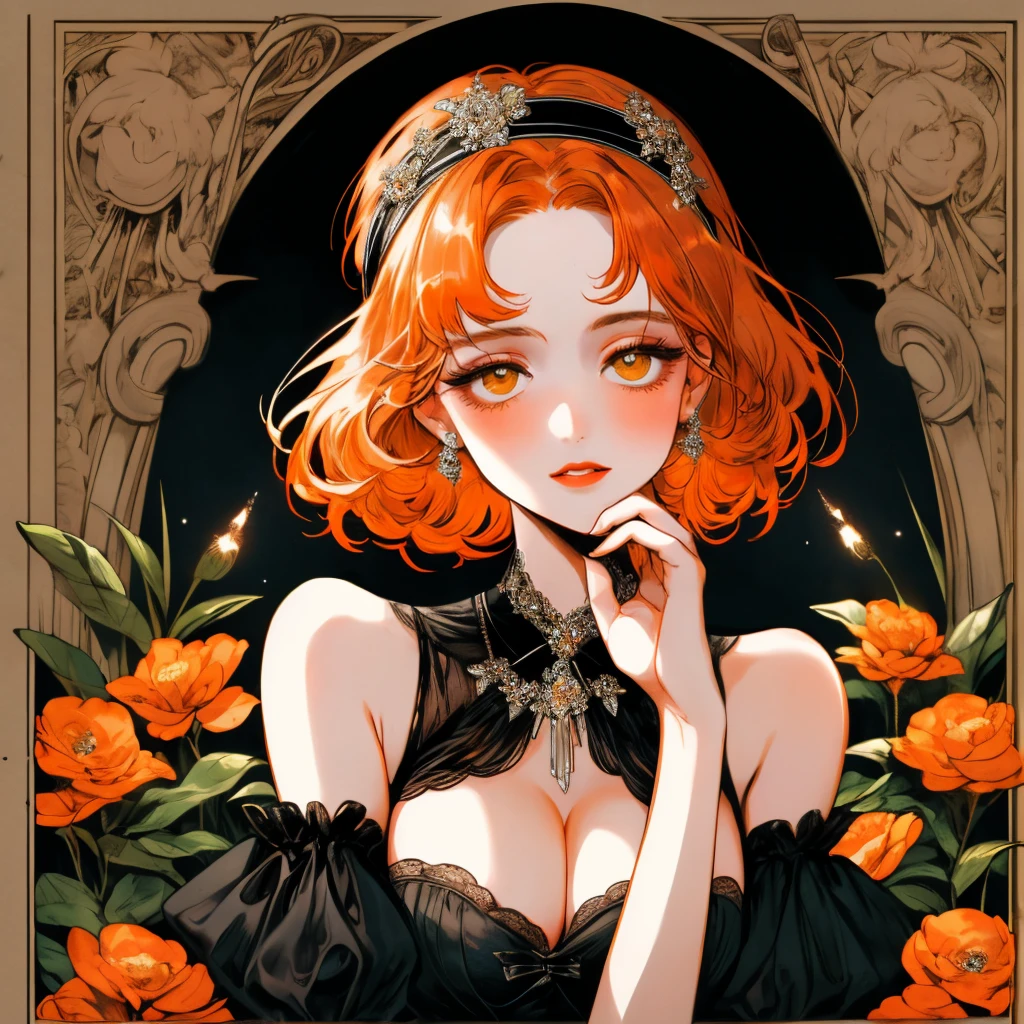 masterpiece, collage of short orange haired woman, hazel eyes, show cleavage a little, wearing black dress and black flapper headband, German, 1920s, 1920s outfit, a singer, in a cruise, flower, calm demeanor, various seducing pose