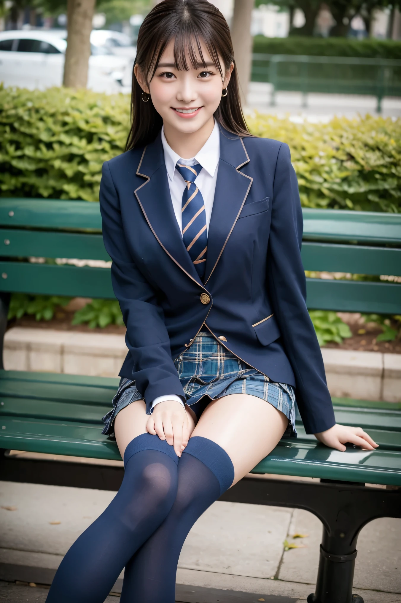 (8K), (highest quality: 1.2), (Realistic), (Realistic: 1.37), Ultra-high resolution, 1 girl, cute, (Embarrassed smile:1.2), (Blushing:1.4),Mouth closed, Beautiful details, Beautiful Nose, Wet Hair,bangs, giant dulcefo, pork, Thighs,Navel exposed,University Student Uniform,A simple blazer,Pleated skirt,(The skirt and tie are tartan check pattern.:1.3),Platform boots,(Navy blue knee socks:1.2), (sitting on a park bench:1.2),(Shiny Thighs:1.2), medium shot 