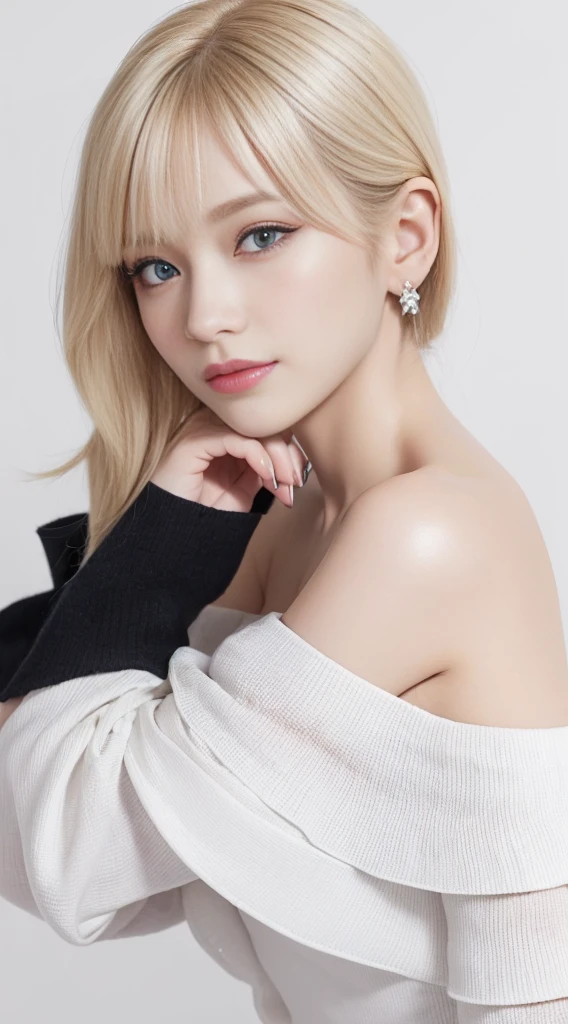 High resolution、high resolution、8K、Real Live Action、(((Off-the-shoulder blouse:1.4, White background、Highest quality:1.4)))、Physically Based Rendering, Portraiture, Super beautiful woman, 18-year-old, Small, large eyes, Fine thin eyebrows, Eye highlights, ハーフアップのWhite Blondeヘア, Highly detailed face and skin texture, Sharp focus, Clear focus:1.2, Slender beauty:1.4, Slim Abs, Oval Face, Lip gloss, Distinct facial features, A kind smile, Are standing, ((White Blonde、Blonde、forehead)), 、Sparkling eyes、Sparkling eyes、Lip glossで輝く唇、