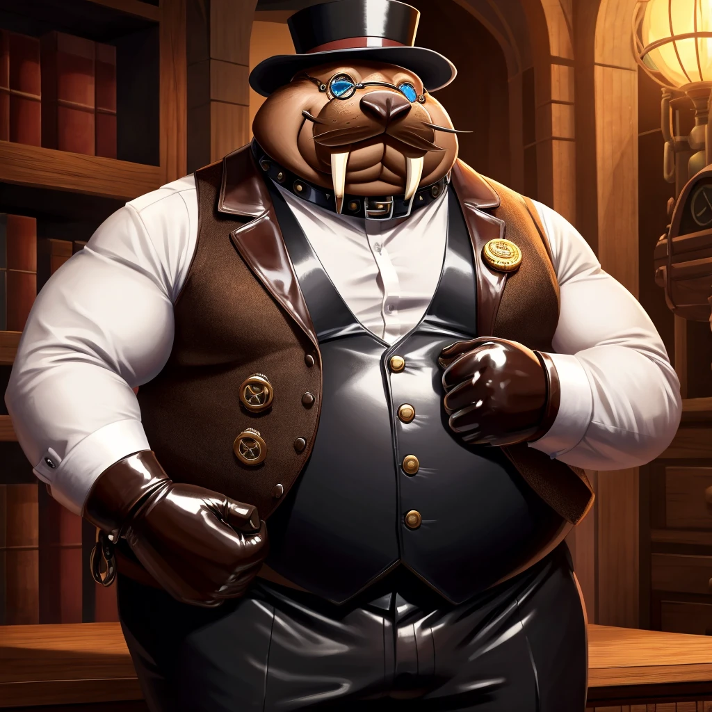Solo, Male, fat, extremely obese, gentleman, dapper Professor Otter, with a large penis and testicles, ejaculating extreme amounts of sperm from the penis, shooting web-shaped sperm from the penis, blue eyes, (posing:1.3), (soft shading), 4k, hi res, ((detailed face, detailed)), looking at viewer, evil grin, steampunk, collared shirt with buttons, top hat, male focus, Explorer Outfit, glasses, monocle, bag, vest with buttons, backpack, sleeves rolled up, round eyewear, brown headwear, brown vest, Otter is wearing a glossy leather dog collar around the neck, Otter is wearing the leather collar and shirt and vest at the same time, Otter is wearing glossy white rubber gloves on the hands, wearing white rubber gloves on the feet, Otter is wearing glossy white cuffs around the wrists with cufflinks, gloves are rubber in texture, clenching teeth, Otter is rubbing his penis with hands, leather collar is glossy and shiny with a lot of detail, Otter is wearing gloves and cuffs and cufflinks at the same time, leather collar has a round dog-tag, leather collar is thick and detailed, sperm is sticky in texture, sperm is shaped like a web.