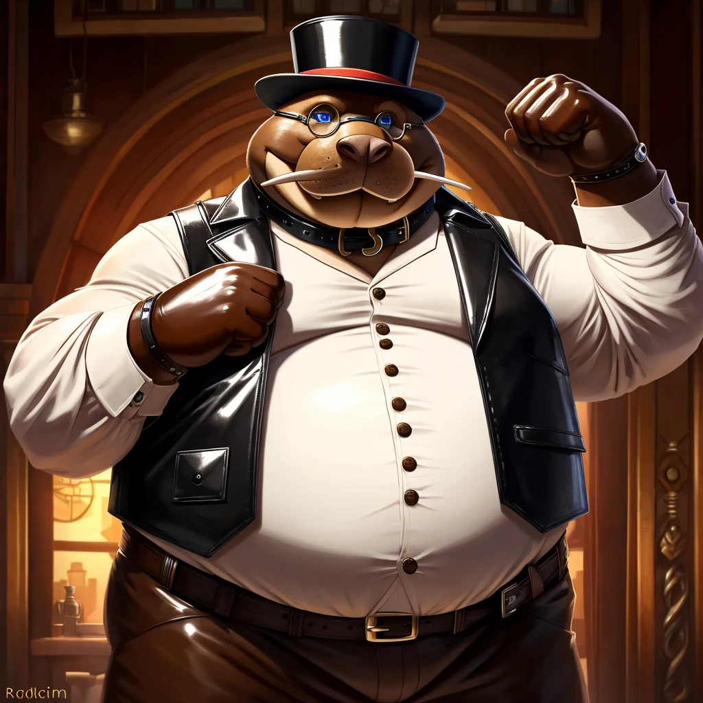 Solo, Male, fat, extremely obese, gentleman, dapper Professor Walrus, blue eyes, (posing:1.3), (soft shading), 4k, hi res, ((detailed face, detailed)), looking at viewer, evil grin, steampunk, collared shirt with buttons, top hat, male focus, Explorer Outfit, glasses, monocle, bag, vest with buttons, backpack, sleeves rolled up, round eyewear, brown headwear, brown vest, Walrus is wearing a glossy leather dog collar around the neck, Walrus is wearing the leather collar and shirt and vest at the same time, Walrus is wearing glossy white rubber gloves on the hands, wearing white rubber gloves on the feet, Walrus is wearing glossy white cuffs around the wrists with cufflinks, gloves are rubber in texture, clenching teeth, clenching fists, leather collar is glossy and shiny with a lot of detail, Walrus is wearing gloves and cuffs and cufflinks at the same time, leather collar has a round dog-tag, leather collar is thick and detailed.