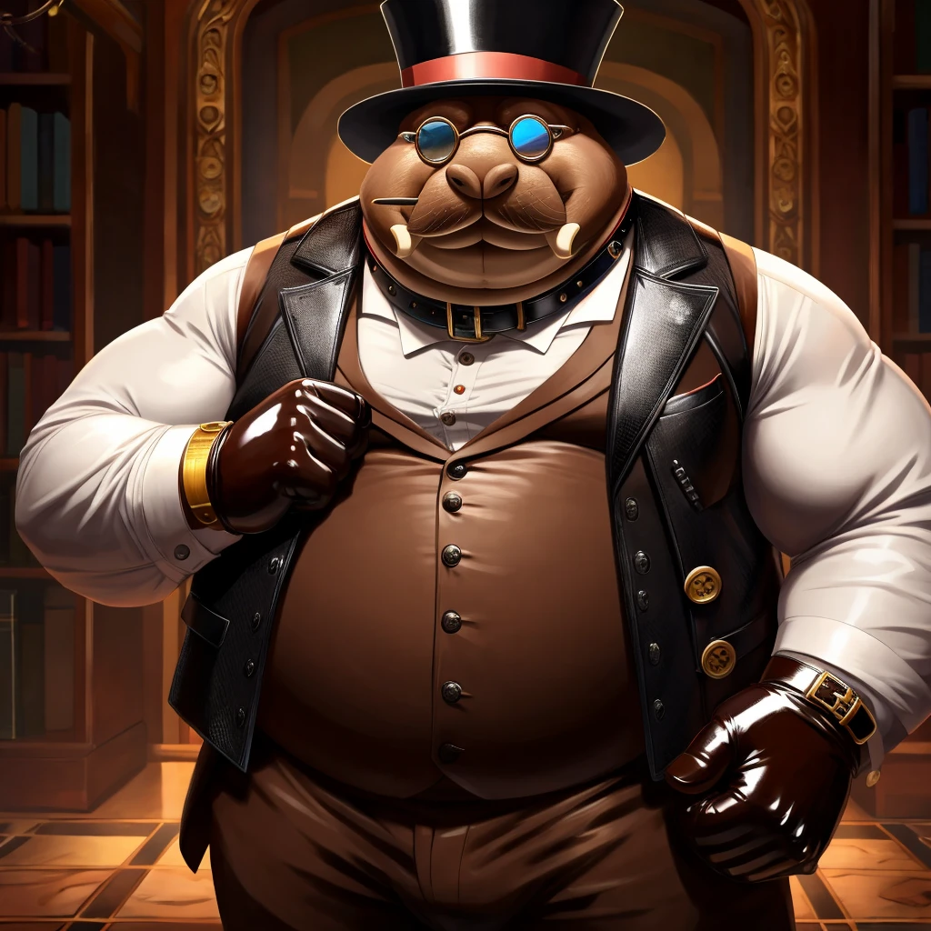 Solo, Male, fat, extremely obese, gentleman, dapper Professor Walrus, blue eyes, (posing:1.3), (soft shading), 4k, hi res, ((detailed face, detailed)), looking at viewer, evil grin, steampunk, collared shirt with buttons, top hat, male focus, Explorer Outfit, glasses, monocle, bag, vest with buttons, backpack, sleeves rolled up, round eyewear, brown headwear, brown vest, Walrus is wearing a glossy leather dog collar around the neck, Walrus is wearing the leather collar and shirt and vest at the same time, Walrus is wearing glossy white rubber gloves on the hands, wearing white rubber gloves on the feet, Walrus is wearing glossy white cuffs around the wrists with cufflinks, gloves are rubber in texture, clenching teeth, clenching fists, leather collar is glossy and shiny with a lot of detail, Walrus is wearing gloves and cuffs and cufflinks at the same time, leather collar has a round dog-tag, leather collar is thick and detailed.