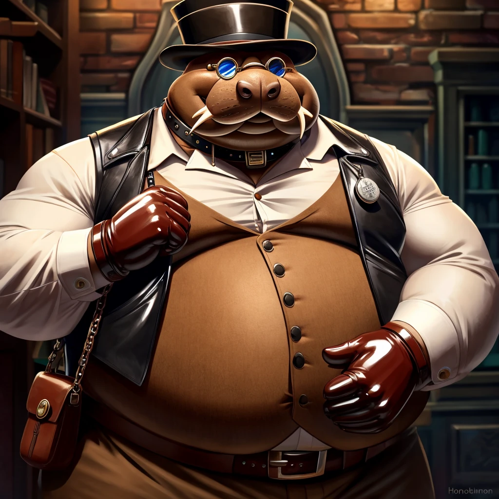 Solo, Male, fat, extremely obese, gentleman, dapper Professor Walrus, blue eyes, (posing:1.3), (soft shading), 4k, hi res, ((detailed face, detailed)), looking at viewer, evil grin, steampunk, collared shirt with buttons, top hat, male focus, Explorer Outfit, glasses, monocle, bag, vest with buttons, backpack, sleeves rolled up, round eyewear, brown headwear, brown vest, Walrus is wearing a glossy leather dog collar around the neck, Walrus is wearing the leather collar and shirt and vest at the same time, Walrus is wearing glossy white rubber gloves on the hands, wearing white rubber gloves on the feet, Walrus is wearing glossy white cuffs around the wrists with cufflinks, gloves are rubber in texture, clenching teeth, clenching fists, leather collar is glossy and shiny with a lot of detail, Walrus is wearing gloves and cuffs and cufflinks at the same time, leather collar has a round dog-tag, leather collar is thick and detailed.