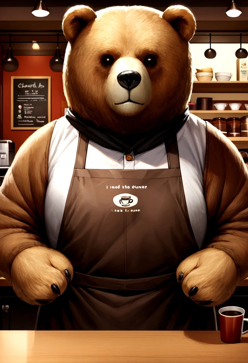 Bear wearing an apron A realistic bear wearing an apron. A bear wearing an apron, he is the owner of a coffee shop. No characters needed No people No girls. I don't need a man.
