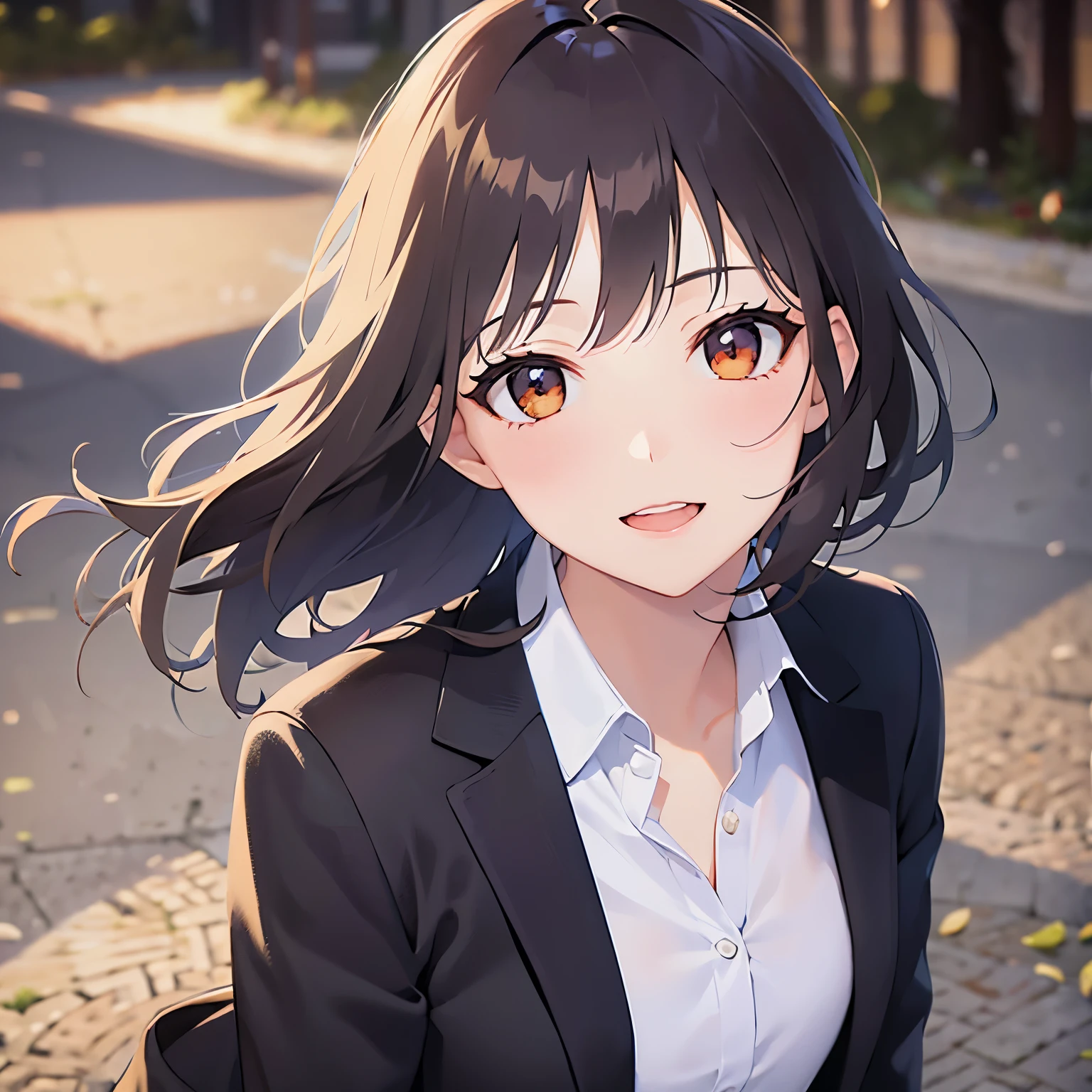 lookin at viewer,upper body, Shooting from above、head tilt、 Realistic, real person, (pale skin: 1.2), RAW photo, photorealistic, shiny skin, shiny hair、 (A 25-year-old woman with bob hair and bangs) and (wavy hair) and (brown hair) and (Orange Eyes)、Business suits and (Wearing a white collared shirt)、 open mouth,happy smile,Night Sky、Midnight in the Park