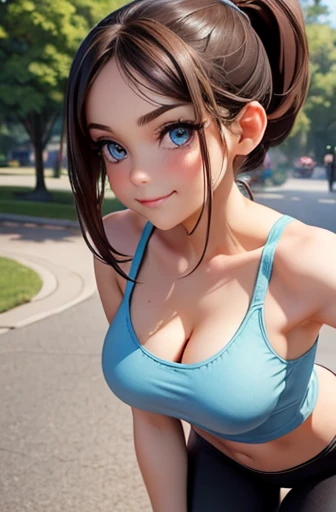 25 year old girl, cropped camisole, tight yoga pants, in the park, brunette ponytail, (cute face:1.4), blue eyes, mischievous smirk, sexy, medium breasts, covered in sweat, (tiny body), deep cleavage, downblouse:1.4, legs, leaning forward