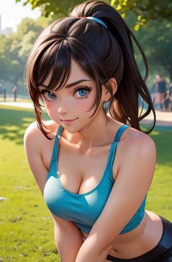 25 year old girl, cropped camisole, tight yoga pants, in the park, brunette ponytail, (cute face:1.4), blue eyes, mischievous smirk, sexy, medium breasts, covered in sweat, (tiny body), deep cleavage, downblouse:1.4, legs, leaning forward