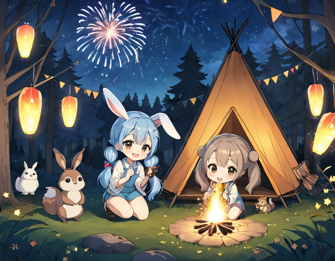 Campfire in the woods、Two Girls，1 Chibi Character、Nice face，Dark Eyes、Light blue long hair、Beautiful girl with twin tails，Forest animals and fireworks、Rabbit、Squirrel、Bear、deer、owl、Lots of animals、Crouched down holding a sparkler and watching the sparks fly、Bright smile、Warm and soft lighting，Night Sky，Starry Sky、fireflies dance、白いowlが見ている