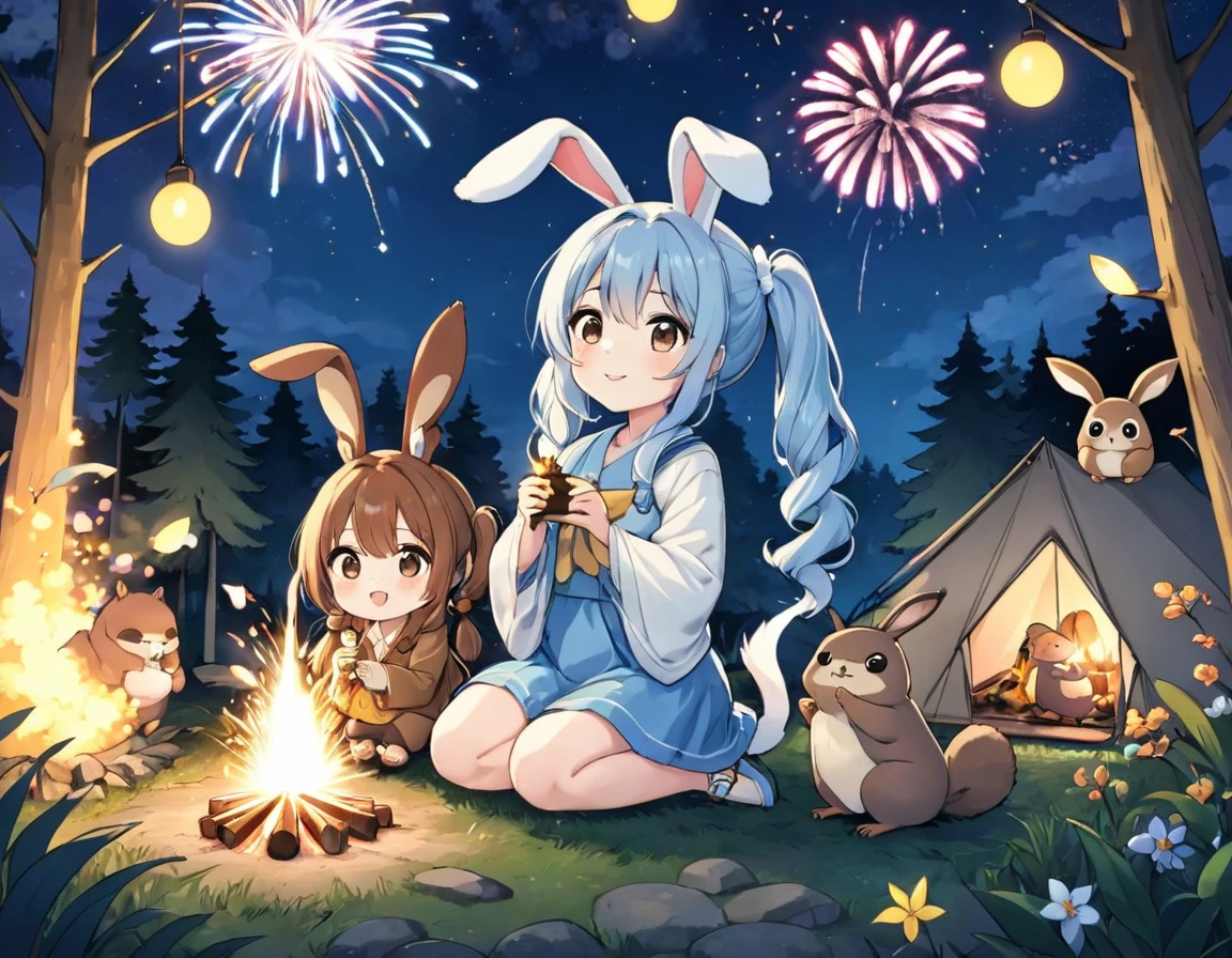 Campfire in the woods、Two Girls,1 Chibi Character、Nice face,Dark Eyes、Light blue long hair、Beautiful girl with twin tails,Forest animals and fireworks、Rabbit、Squirrel、Bear、deer、owl、Lots of animals、Crouched down holding a sparkler and watching the sparks fly、Bright smile、Warm and soft lighting,Night Sky,Starry Sky、fireflies dance、白いowlが見ている