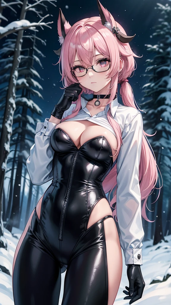 1 girl, Chiori \(genshin impact\), Alone, choker:1.6, White long sleeve shirt with long sleeve collar, black leather corset, black gloves that cover your hands, shiny black leggings, glasses, looking at the viewer,, inside, depth of field, expressionless, alley, de nocheevening de invierno,  show details in the eyes, looking at the viewer, Dark road, Snowy forest, evening, Atmosphere, snow