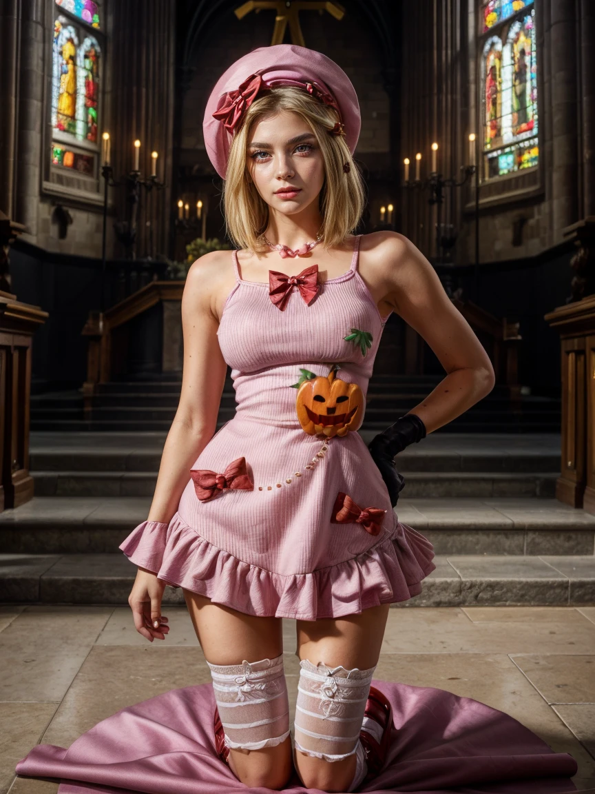 (1 lady), The beautiful, (Best quality at best:1.4), (ultra - detailed), (extremely detailed CG unified 16k), gold blonde hair, very detailed, High-definition RAW color photo, professional photoshooting, amazing face and eyes, cosmetics, (amazingly beautiful girl), ((lambdadelta, tall woman, taller)), holding cross with both hands, looking at viewer, frontal position, centered position, ((dress, shoes bow, red shoes, striped stockings, red bow, pink hat, necklace, gloves, pearl, pumpkin brooch, pink dress)), standing, sexyposture,(Dark and stylish cathedral, stained glass, altar, before the altar, candle lights, candle lights:1.3), (look from down), realistic cinematic face, head to feet long wide zoomed out view, full body long view, photorealistic, ((realistic natural blonde hair style, honey eyes)), gorgeous, extremely beautiful face, perfect model beauty, pout mouth, flirting smile, cleavages, city girl, western, shopping in the city, (masterpiece), best quality, high resolution, extremely detailed, blurred background, depth of field, cinematic lighting, (amazing legs, strong legs, athletic legs), high heels, clear and well-cared skin
