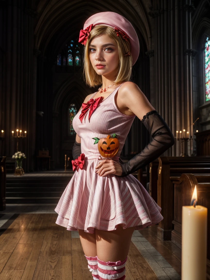 (1 lady), The beautiful, (Best quality at best:1.4), (ultra - detailed), (extremely detailed CG unified 16k), gold blonde hair, very detailed, High-definition RAW color photo, professional photoshooting, amazing face and eyes, cosmetics, (amazingly beautiful girl), ((lambdadelta, tall woman, taller)), holding cross with both hands, looking at viewer, frontal position, centered position, ((dress, shoes bow, red shoes, striped stockings, red bow, pink hat, necklace, gloves, pearl, pumpkin brooch, pink dress)), standing, sexyposture,(Dark and stylish cathedral, stained glass, altar, before the altar, candle lights, candle lights:1.3), (look from down), realistic cinematic face, head to feet long wide zoomed out view, full body long view, photorealistic, ((realistic natural blonde hair style, honey eyes)), gorgeous, extremely beautiful face, perfect model beauty, pout mouth, flirting smile, cleavages, city girl, western, shopping in the city, (masterpiece), best quality, high resolution, extremely detailed, blurred background, depth of field, cinematic lighting, (amazing legs, strong legs, athletic legs), high heels, clear and well-cared skin