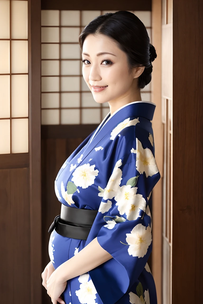 (Highest quality、Tabletop、8K、Best image quality、Award-winning works)、(One beautiful mature woman:1.1)、Adult face、(Innkeeper:1.1)、(Elegant floral kimono:1.2)、(A kimono with a perfect and precise collar:1.2)、Perfect mature woman portrait photo、Glowing Skin、Standing Elegantly、(Blurred elegant and exquisite perfect Japanese style room background:1.3)、(The most natural and perfect tidy Japanese style room background:1.2)、Glowing White Skin、Very white skin、(Accentuate your body lines:1.1)、(The most graceful posture:1.2)、(Large Breasts:1.2)、A perfect smile、Perfect beautiful glossy lips、(Accurate anatomy:1.1)、(A perfect and elegant kimono:1.1)、(Standing with good posture:1.1)、(Face close-up:1.1)、A pregnant