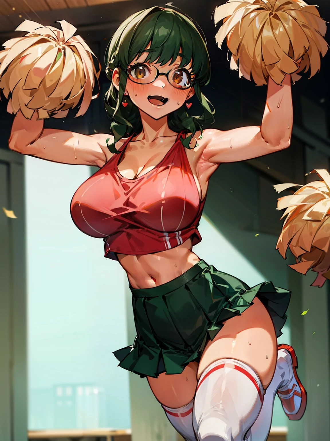 (Masterpiece), Best Quality, ultra-detailed, 1girl ( anosillus II, Slender and sexy body, Big and pretty breasts, naked body, dark green hair, brown eyes), a seductive face, smile, open mouth, solo, nose blush, blush, facing viewer, looking at viewer, cheerleader, red tank_top, navel, pleats skirt, mini skirt, white thighhighs, , in the ground, jump, jumping, , Sexy waist teasing