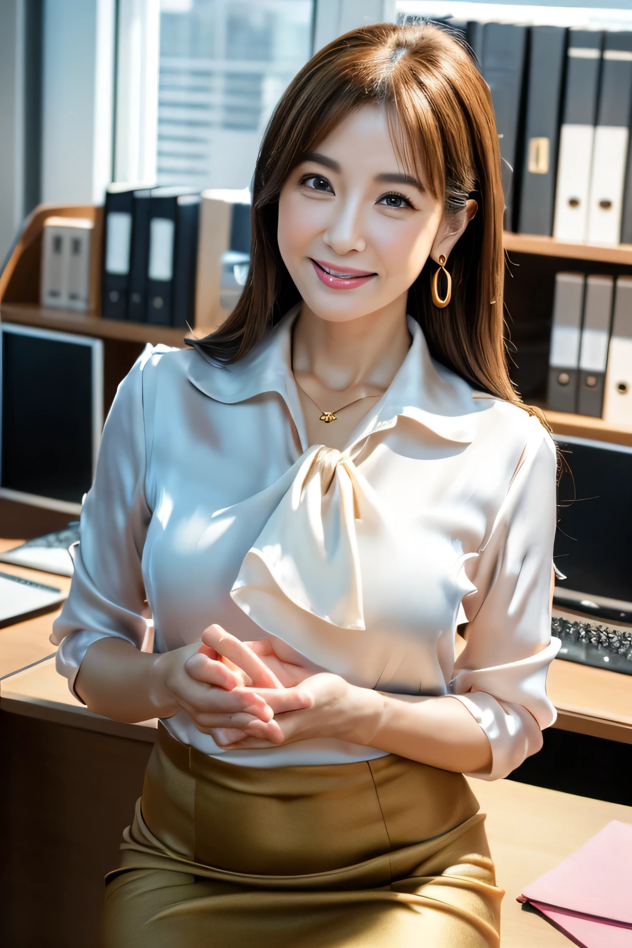 (RAW Photos:1.2), (Realistic), Beautiful details, (Genuine: 1.4), Very detailedな目と顔, Beautiful and detailed, Standing in the office、(Ultra-realistic pantyhose、High heels)、Large file size, High resolution, Very detailed, Highest quality, [masterpiece:1.6], Consciousness upward, Very detailed, Hmph, In detail, Highest quality, 8k wallpaper, One Mature Woman, 43 years old, Perfect figure, Large Breasts、Cute droopy eyes,Beautiful big eyes、Peak Finger, ((Tabletop)), Highest quality, One Mature Woman, eye shadow, Portraiture,((Extra long brown hair:1.2))、((Gold Necklace＿Large earrings:1.2)), ((Office Lady,white Office Blazer,luxurious silk blouse,white Office Skirt:1.3)),((A shy smile:1.3)),((Place your left hand gently on your chin:1.3))