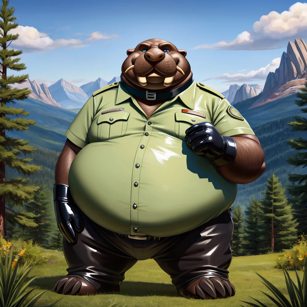 solo, full body, Male, fat, extremely obese, Walrus, park ranger, trousers, outdoor, park ranger uniform, collared shirt with buttons, blue eyes, (soft shading), 4k, hi res, ((detailed face, detailed)), looking at viewer, evil grin, Walrus is wearing the collared shirt and leather collar at the same time, Walrus is wearing a glossy leather dog collar around the neck, Walrus is wearing white rubber gloves on the hands, white rubber gloves on the feet, gloves are rubber in texture, leather collar is shiny, leather collar is extremely detailed, rubber gloves are glossy, Evergreen pine forest and mountains national park in the background, Environmental protection area.