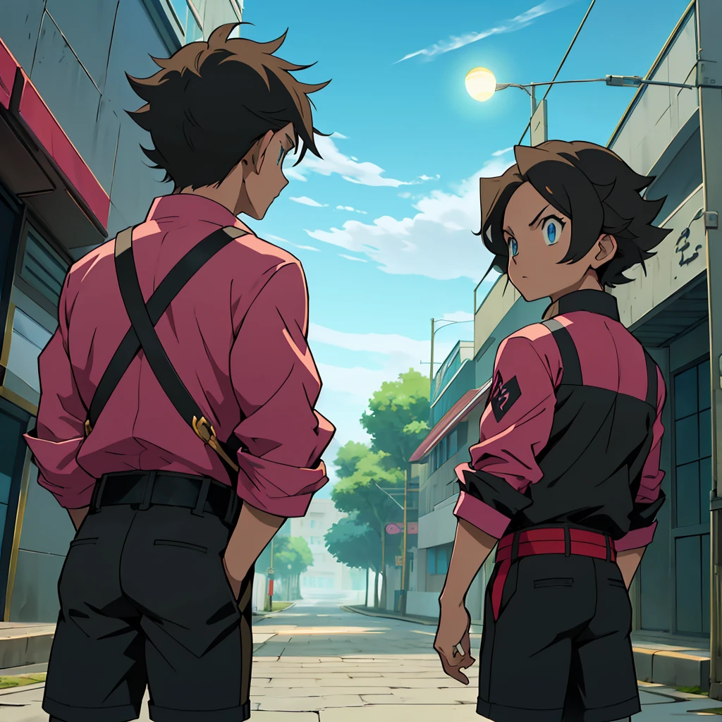the anime, (Best Quality), ((1 adult boy)), ((muscled body)), Akaza (Hakuji) AB: kimetsu no yaiba, on a street in the city of Lumiose , (at night in Lumiose City ), ((Ultra-short black hair)), ((Impassive blue eyes)), (((Hair back))), (((open forehead))), wearing a jacket , attractive clothes , a waist belt, looks at the viewer, The Art of Pokemon XYZ, Pokemon XYZ artstyle, Pokemon xyz