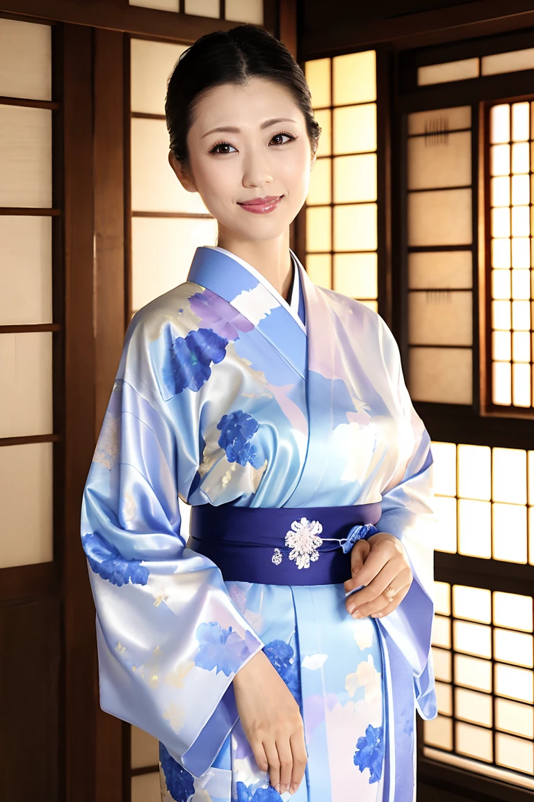 (Highest quality、Tabletop、8K、Best image quality、Award-winning works)、(One beautiful mature woman:1.1)、Adult face、(Innkeeper:1.1)、(Elegant floral kimono:1.2)、(A kimono with a perfect and precise collar:1.2)、Perfect mature woman portrait photo、Glowing Skin、Standing Elegantly、(Blurred elegant and exquisite perfect Japanese style room background:1.3)、(The most natural and perfect tidy Japanese style room background:1.2)、Glowing White Skin、Very white skin、(Accentuate your body lines:1.1)、(The most graceful posture:1.2)、(Large Breasts:1.2)、A perfect smile、Perfect beautiful glossy lips、(Accurate anatomy:1.1)、(A perfect and elegant kimono:1.1)、(Standing with good posture:1.1)