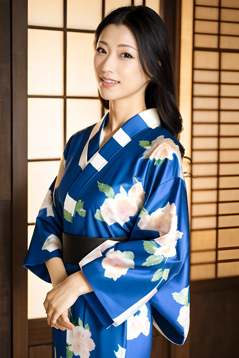 (Highest quality、Tabletop、8K、Best image quality、Award-winning works)、(One beautiful mature woman:1.1)、Adult face、(Innkeeper:1.1)、(Elegant floral kimono:1.2)、(A kimono with a perfect and precise collar:1.2)、Perfect mature woman portrait photo、Glowing Skin、Standing Elegantly、(Blurred elegant and exquisite perfect Japanese style room background:1.3)、(The most natural and perfect tidy Japanese style room background:1.2)、Glowing White Skin、Very white skin、(Accentuate your body lines:1.1)、(The most graceful posture:1.2)、(Large Breasts:1.2)、A perfect smile、Perfect beautiful glossy lips、(Accurate anatomy:1.1)、(A perfect and elegant kimono:1.1)、(Standing with good posture:1.1)