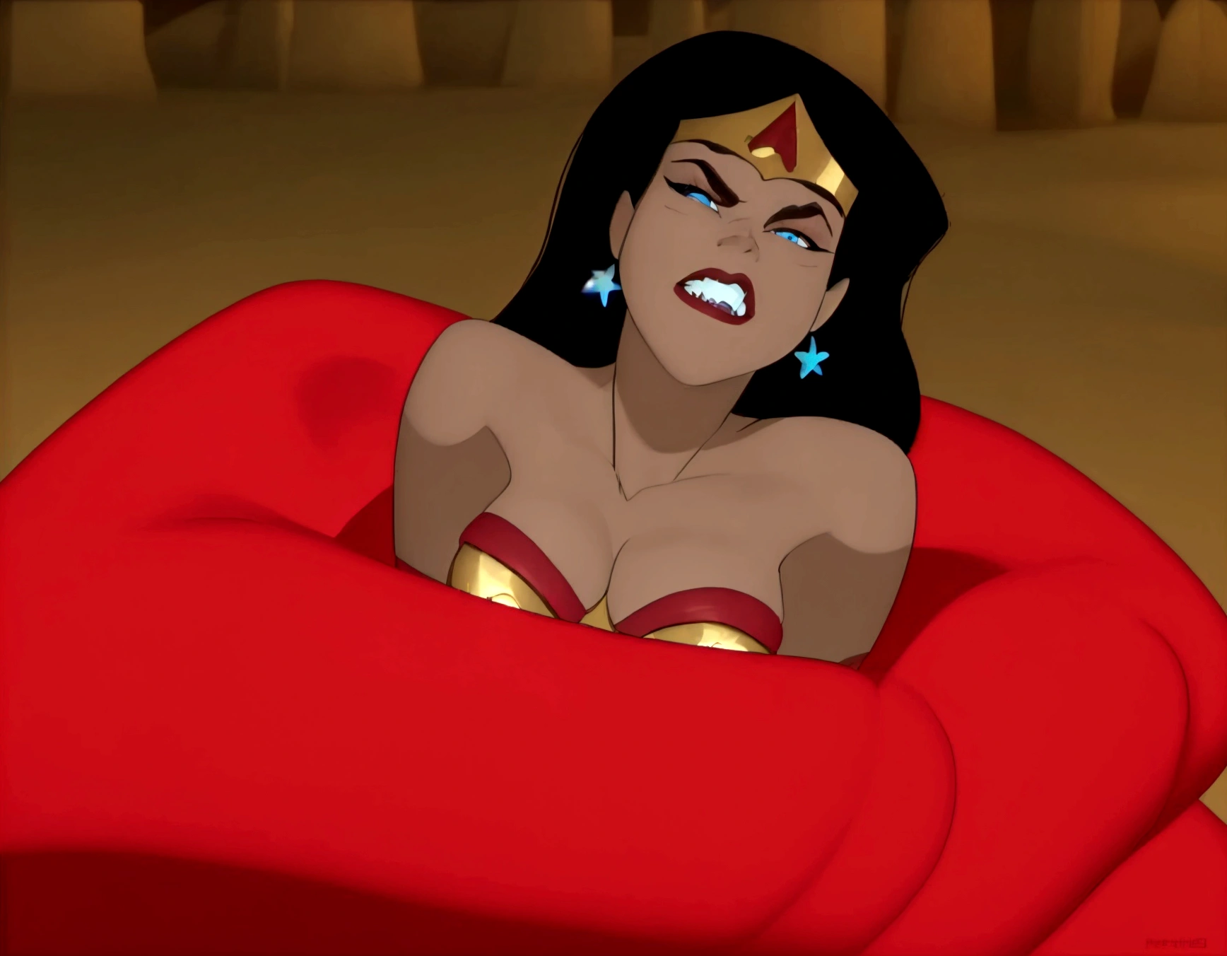 One woman, 24 years old, mid breasts, black hair, long hair, wavy hair, curly bangs, on her knees, on the floor, looking at the camera, ripped clothes, dirty, red dress, nipples, green eyes, glowing eyes, treasure with gems, white snakes,