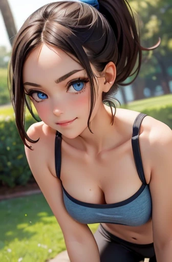 25 year old girl, cropped camisole, tight yoga pants, in the park, brunette ponytail, (cute face:1.4), blue eyes, mischievous smirk:1.3, sexy, medium breasts, covered in sweat, (tiny body), deep cleavage:1.3, downblouse:1.4, legs, leaning forward