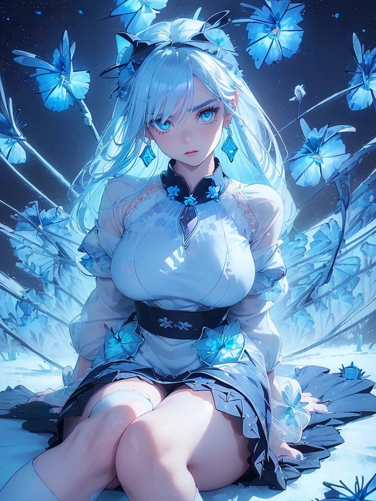 Image ((full body)),realistic 3D anime style,((of a beautiful woman with snow white skin)),((( long iridescent white hair))),(((detailed face, cymetric))), pointed ears,(((s-shaped eyebrows))),((Beautyfull eyes)),((One eye blue and the other eye green)), (((well detailed eyes))),((full lips)), (((body with nice curves))),((( very large breasts))), (((narrow waist))),(((thick thighs) )),((dressed in a long-sleeved blouse, qipao collar)), (((earrings, necklace and bracelets all made of sparkling crystal))),((white gloves with cuff)),((short skirt with sash , decorated with fine intricate details)), ((white ankle boots with lapels and laces, knee length)),(( long stockings up to the middle of the thighs)),(((sitting with legs together on the floor, (((surrounded by a field full of blue glowing neon nemophila flowers))), in a night without moon on a sky full of stars))),((masterpiece)),((high quality)), (( extremely detailed image)), 8k resolution