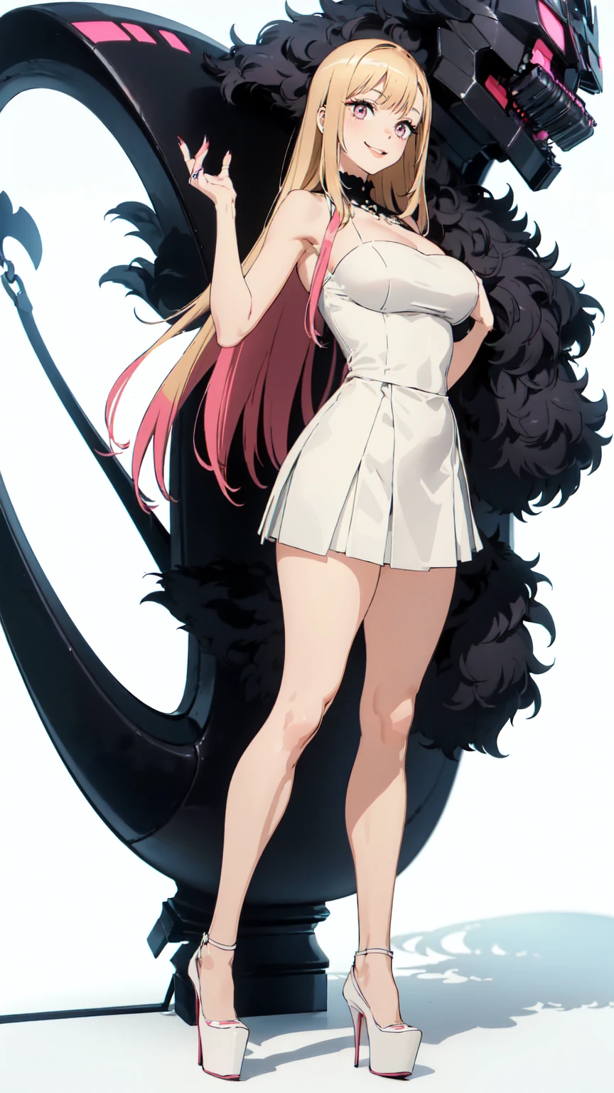 ((masterpiece, high resolution, better quality, better details)), ((Marin Kitagawa)), ((Smiling)), ((one girl)) a girl modeling standing, mini skirt, blouse, ((big neckline)), ((platform high heels)), pink eyes with black outline, (light blonde hair, straight hair, straight bangs, long hair)), long nails, pink nails, (((curvy body))), shiny skin, ((side view)), solo, bare shoulders, full body, focus full body, high heels, ((White background)),