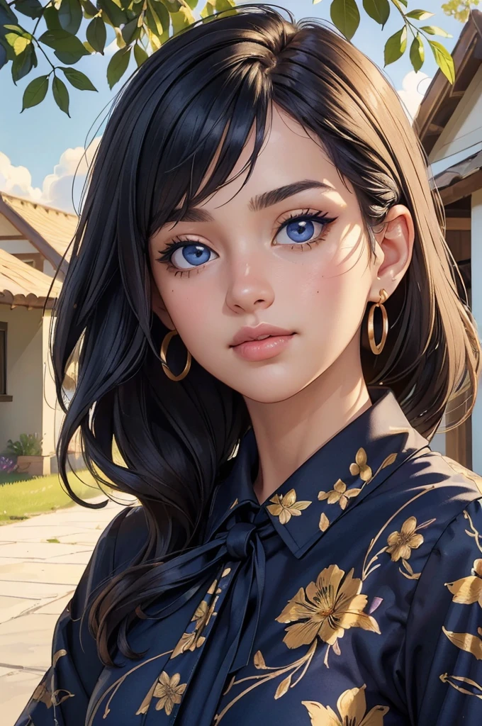 (((Masterpiece, Best Quality, High Resolution)))), Extremely detailed 8K, (Ultra HD, Ultra-detailed, Highly detailed, Highly realistic, Ultra-realistic, photograph realistic), (HD Quality), sharp focus, (Close up shot), Italian, , Ivory skin tone, Round chubby face, ((Dark Blue eyes eyes, Round eyes)), ((Heavy lower lips, smokey eyeliner)), ((Black layers of thick hair)), Gold floral earrings, (((Summer Floral Indigo blouse))), (looks directly at the camera, slight smile), Neighborhood background, Ranch Style House with a Canadian flag, (Focusing on the face, smooth skin texture, sun shining bright)