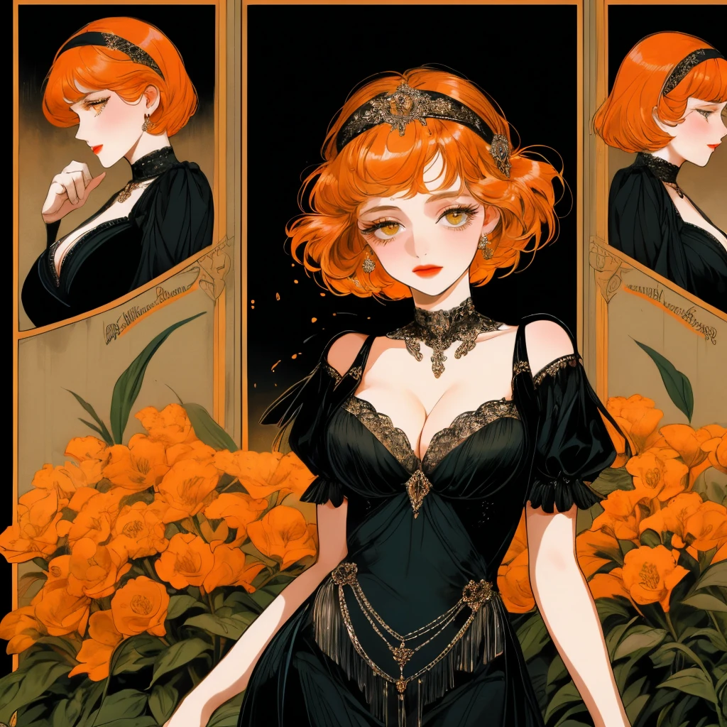 masterpiece, collage of short orange haired woman, hazel eyes, show cleavage a little, wearing black dress and black flapper headband, German, 1920s, 1920s outfit, a singer, in a cruise, flower, calm demeanor, various seducing pose