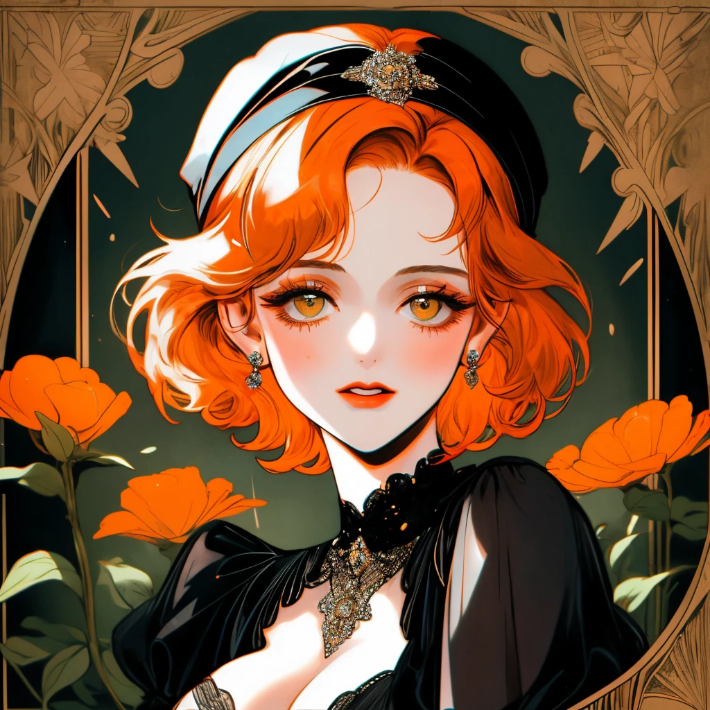 masterpiece, collage of short orange haired woman, hazel eyes, show cleavage a little, wearing black dress and black flapper headband, German, 1920s, 1920s outfit, a singer, in a cruise, flower, calm demeanor, various seducing pose