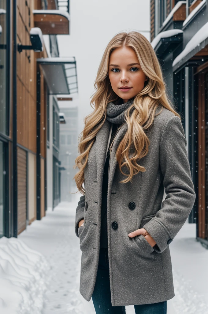 professional portrait photograph of a gorgeous Norwegian girl in winter clothing with long wavy blonde hair, sultry flirty look, gorgeous symmetrical face, cute natural makeup, wearing elegant warm winter fashion clothing, ((standing outside in snowy city street)), stunning modern urban environment, ultra realistic, concept art, elegant, highly detailed, intricate, sharp focus, depth of field, f/1. 8, 85mm, medium shot, mid shot, (((professionally color graded))), bright soft diffused light, (volumetric fog), trending on instagram, hdr 4k, 8k