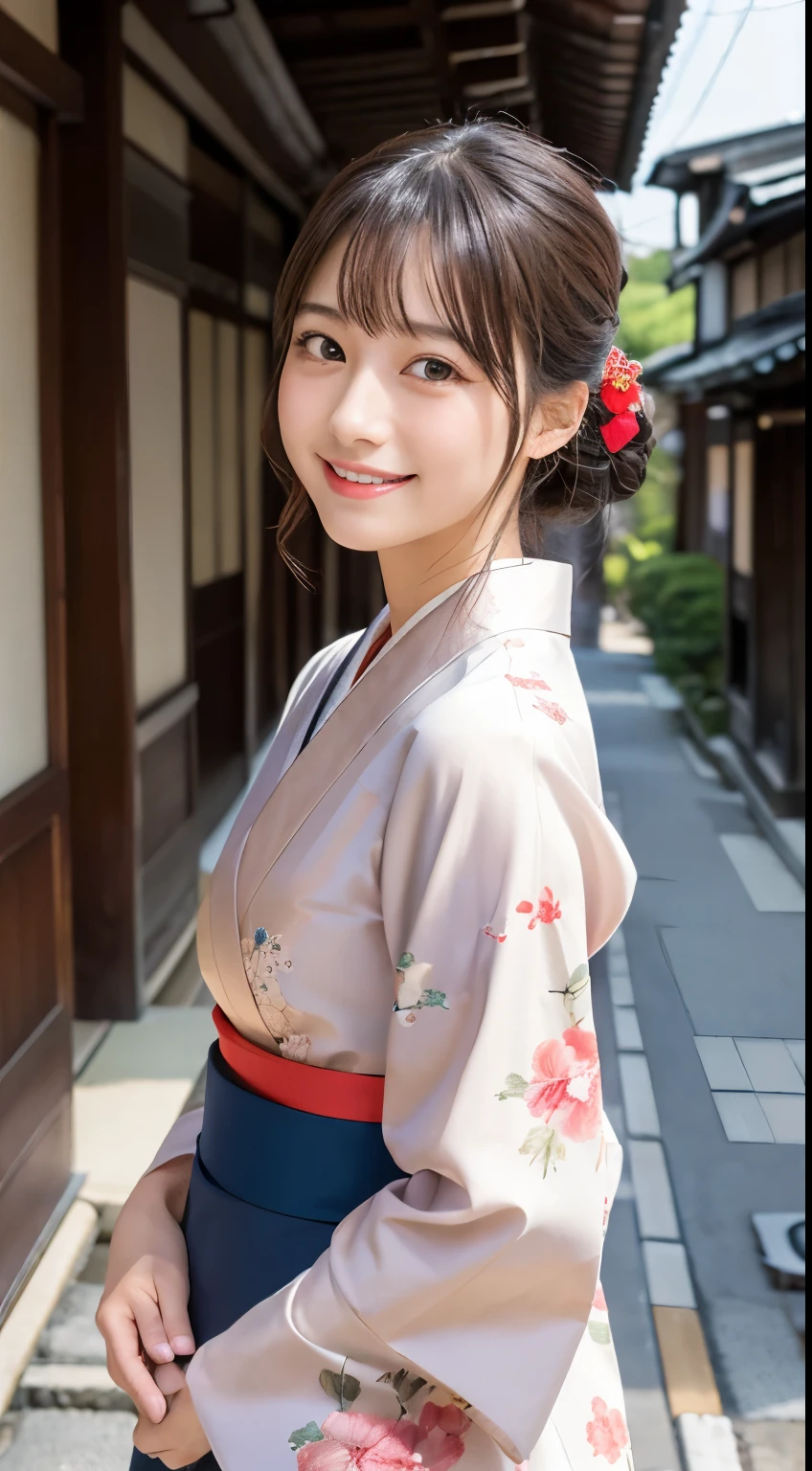 Professional Lighting,(Realistic:1.4), (Top image quality:1.0), (超High resolution:1.0), 8K, Raw photography, (masterpiece:0.2), (Dealing with the Children_v1:0.5)、(最高quality Detail:1.2)、Realistic、8K Ultra HD、High resolution、(1 Girl:1.2)、超detailedな、High quality textures、複雑なdetailed、detailed、Very detailed CG、High quality shadows、detailed 美しく繊細な顔、Beautiful details and a delicate eye、(Symmetrical eyes:1.2),Written boundary depth、Ray Tracing,1 Girl, Japanese Girls, (Natural smile:1.4),cute, thin, Portrait of a beautiful Japanese woman in a kimono, Standing elegantly on a street corner in Kyoto. Kimono with vibrant traditional patterns, Hair decorated with elegant and delicate hairpins, Gentle expression. (With the old streets of Kyoto in the background:1.4)、The soft light of a spring afternoon、Adding tranquility to the scene. Rendered in a Realistic style with great attention to detail, High resolutionの画像.Sky Porn, Magic Hour, (Realistic:1.3), finely, quality, (Tabletop:1.2), (Realistic:1.2), (最高quality), (複雑なdetailed), dramatic, Ray Tracing, photograph, +roller