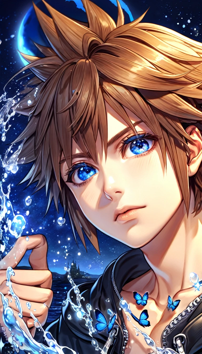 absurdres, highres, ultra detailed, HDR, master piece, best quality, extremely detailed, Sora, brown hair, expressive blue eyes, Kingdom Hearts, solo, sexy man, handsome, black jacket, fantasy, water, sparkling, blue glittering fireflies, blue moon, blue flowers, blue butterflies, starry sky