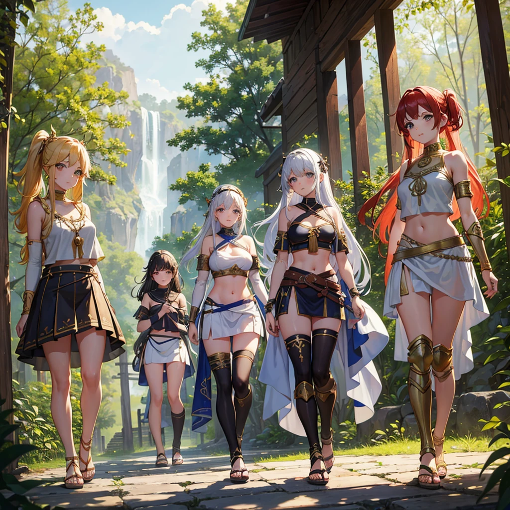 young greek warriors girls in togas , only girls , forest in the background ,four girls, sandals , close to the viewer,, sexy , multiple girls ,exposed belly, curves , black hair , blonde hair , red hair , white hair , light armor , knee pads, elbow pads,