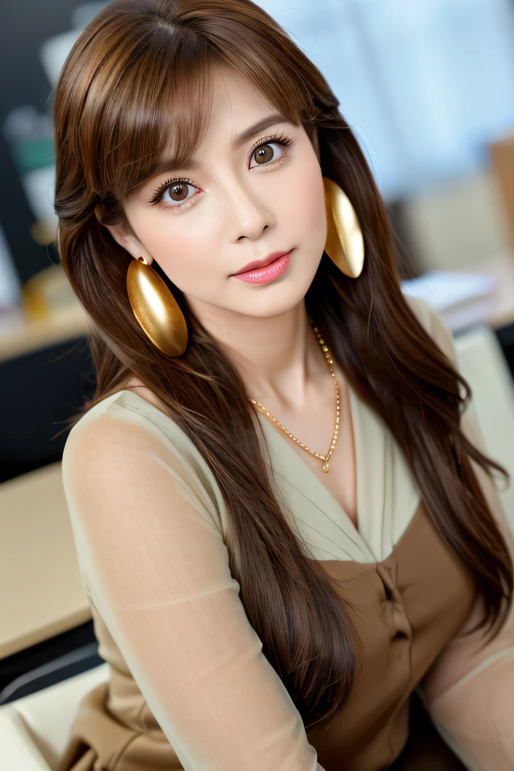 (RAW Photos:1.2), (Realistic), Beautiful details, (Genuine: 1.4), Very detailedな目と顔, Beautiful and detailed, Standing in the office、(Ultra-realistic pantyhose、High heels)、Large file size, High resolution, Very detailed, Highest quality, [masterpiece:1.6], Consciousness upward, Very detailed, Hmph, In detail, Highest quality, 8k wallpaper, One Mature Woman, 43 years old, Perfect figure, Cute droopy eyes,Beautiful big eyes、Peak Finger, ((Tabletop)), Highest quality, One Mature Woman, eye shadow, Portraiture,((Extra long brown hair:1.2))、((Gold Necklace＿Large earrings:1.2)),