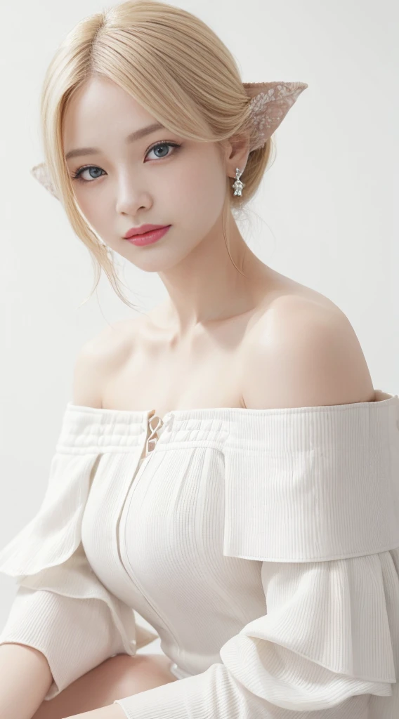 High resolution、high resolution、8K、Real Live Action、(((Off-the-shoulder blouse:1.4, White background、Highest quality:1.4)))、Physically Based Rendering, Portraiture, Super beautiful woman, 18-year-old, Small, large eyes, Fine thin eyebrows, Eye highlights, ハーフアップのWhite Blondeヘア, Highly detailed face and skin texture, Sharp focus, Clear focus:1.2, Slender beauty:1.4, Slim Abs, Oval Face, Lip gloss, Distinct facial features, A kind smile, Are standing, ((White Blonde、Blonde、forehead)), 、Sparkling eyes、Sparkling eyes、Lip glossで輝く唇、