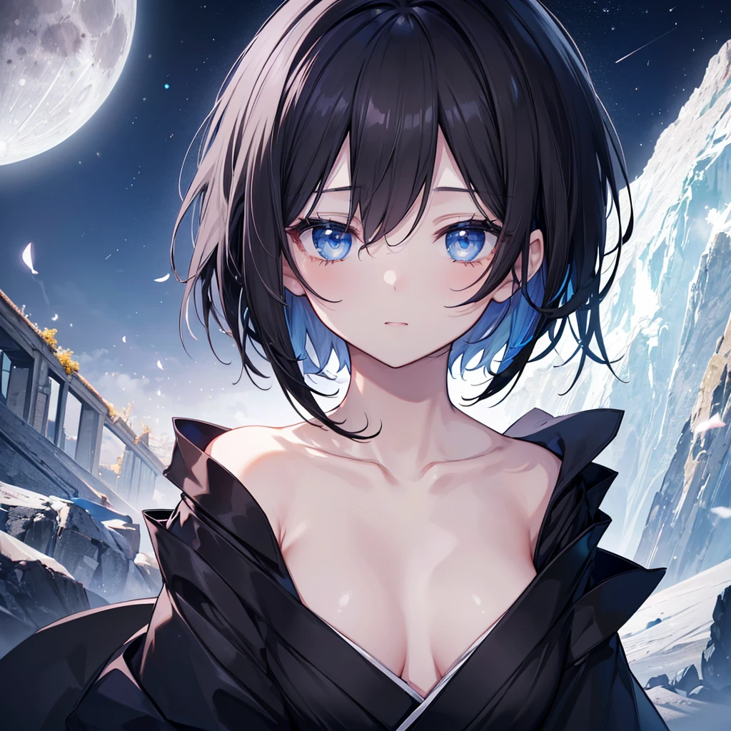 (((1 person))) ((High resolution Black Hair short hair shoulder)) ((Black Band Lonely despair blue eyes)) moon star nude, unbuttoned clothes, beautiful girl, high school girl, kimono, breasts
