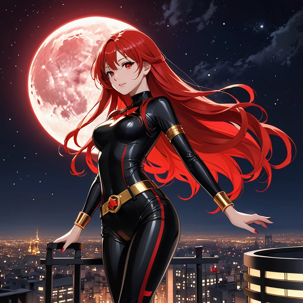 A Beautiful Heroine with a beautiful figure, long, flowing crimson red hair, fair skin tone, and crimson red eyes. She is clad in a black bodysuit with a Red Star pattern on it, gold bands on her wrist, upper arm, belt, and accessories. She is standing on top of a building in the night, with the night sky full of stars, and the moon, her hair and eyes glowing crimson color.