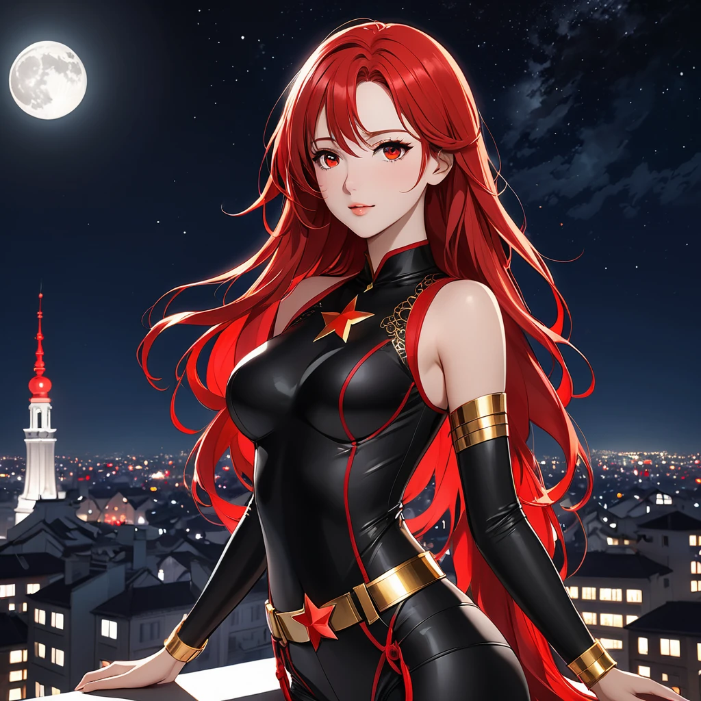 A Beautiful Heroine with a beautiful figure, long, flowing crimson red hair, fair skin tone, and crimson red eyes. She is clad in a black bodysuit with a Red Star pattern on it, gold bands on her wrist, upper arm, belt, and accessories. She is standing on top of a building in the night, with the night sky full of stars, and the moon, her hair and eyes glowing crimson color.