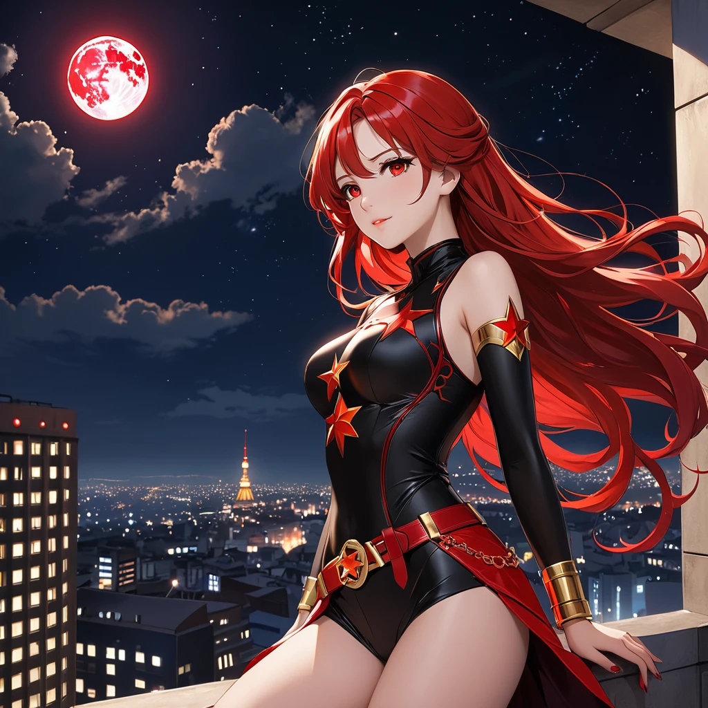 A Beautiful Heroine with a beautiful figure, long, flowing crimson red hair, fair skin tone, and crimson red eyes. She is clad in a black bodysuit with a Red Star pattern on it, gold bands on her wrist, upper arm, belt, and accessories. She is standing on top of a building in the night, with the night sky full of stars, and the moon, her hair and eyes glowing crimson color.