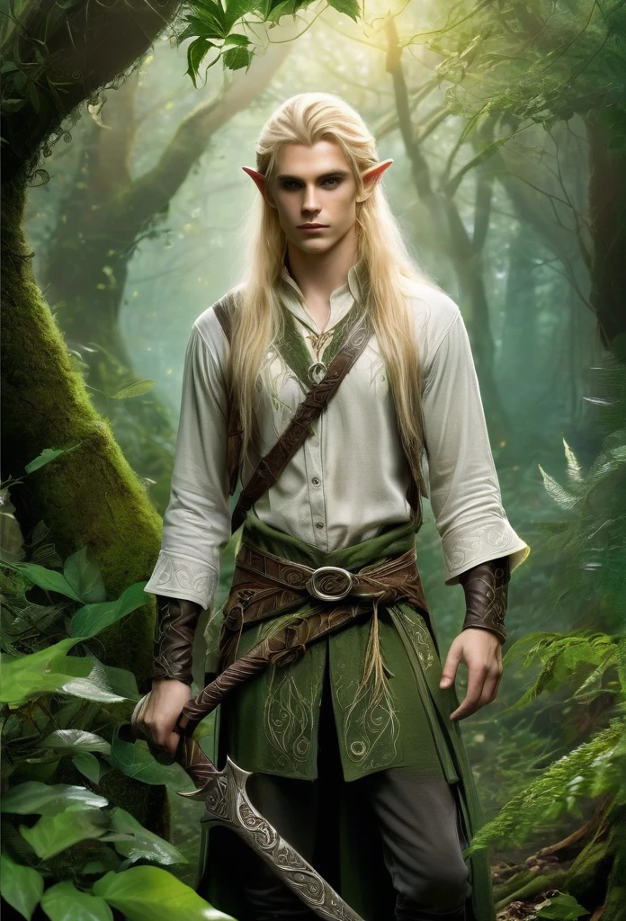 Young guy elf,blond(full body),long hair, defined body, tattooed,in a magical forest)light mist,he is a mystic forest, he's very detailed adorned with leaves and vines, he's carrying woods on sholder,and a axe in his handhe has a sensual and sad look