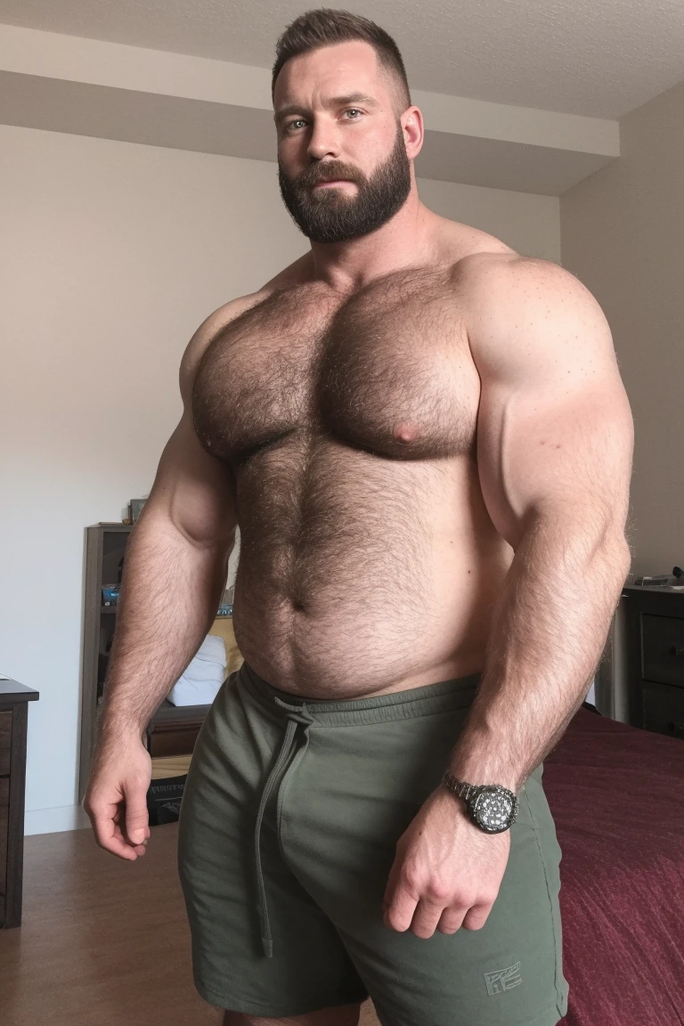 8K HDR Very Extremely Realistic Very Detailed High Quality 8K HDR Very Realistic 46 year old daddy rugged bodybuilder muscle bears man, 8KHDR very realistic detailed hairy, 8KHDR very realistic beared big daddy muscle bear, and 8KHDR very realistic detailed rugged burly man in shorts. 8KHDR Very Realistic legs, 8KHDR very realistic hair, 8KHDR very realistic beards, 8KHDR very realistic thick chubby fat neck, 8KHDR very realistic neck lines, 8KHDR very realistic detailed neck, 8KHDR very realistic belly, 8KHDR very realistic burly chest, 8KHDR very realistic detailed hairy burly strong chest and arms, 8KHDR very realistic detailed hairy burly strong chest and arms, 8KHDR very realistic pecs, 8KHDR very realistic burly muscle bear body, 8KHDR very realistic nipples, 8KHDR very realistic burly muscle bear body, 8KHDR very realistic face, 8KHDR very realistic detailed face, 8KHDR very realistic eyes, 8KHDR very realistic detailed eyes, 8KHDR very realistic pupils, 8KHDR very realistic detailed pupils, 8KHDR very realistic head, 8KHDR very realistic waist, 8KHDR very realistic facial features, 8KHDR very realistic burly arms, 8KHDR very realistic elbows, 8KHDR very realistic hands, 8KHDR very realistic pecs, 8KHDR very realistic belly, 8KHDR very realistic human man body, 8K HDR very realistic bellybutton, 8KHDR very realistic wrists, 8KHDR very realistic fingers, 8KHDR very realistic fingernails, 8KHDR very realistic shoulders, 8KHDR very realistic mouth, 8KHDR very realistic lips, 8KHDR very realistic mens clothing, 8KHDR very realistic detailed mens clothing. 8KHDR Very Realistic Hairy Bearded Burly Muscle bear Photoshoot, 8KHDR A very realistic burly muscle bear man in a bedroom, 8KHDR Very Realistic Ultra-detailed, 8KHDR very realistic detailed bedroom surroundings, 8KHDR very realistic surroundings lighting, No Deformities, captured with a 85mm lens, 8K HDR Clear HDR Quality, ( best quality, highres, realistic:1.37), Super real detailed skin, Ultra-detailed