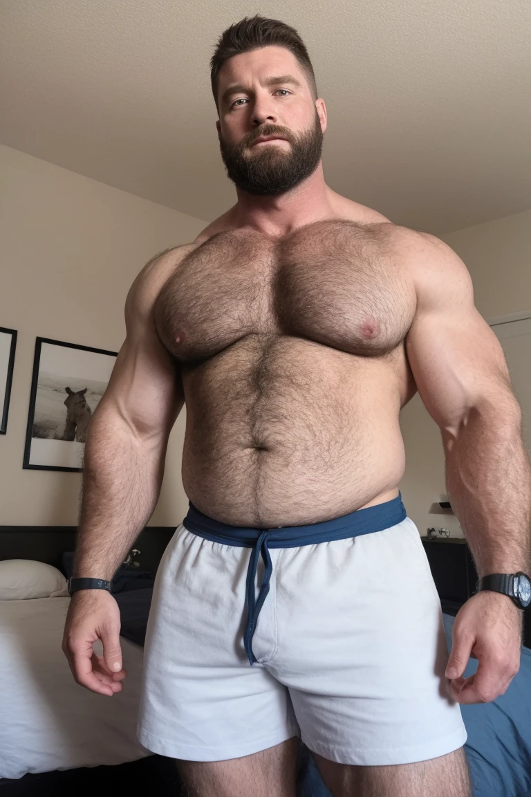 8K HDR Very Extremely Realistic Very Detailed High Quality 8K HDR Very Realistic 46 year old daddy rugged bodybuilder muscle bears man, 8KHDR very realistic detailed hairy, 8KHDR very realistic beared big daddy muscle bear, and 8KHDR very realistic detailed rugged burly man in shorts. 8KHDR Very Realistic legs, 8KHDR very realistic hair, 8KHDR very realistic beards, 8KHDR very realistic thick chubby fat neck, 8KHDR very realistic neck lines, 8KHDR very realistic detailed neck, 8KHDR very realistic belly, 8KHDR very realistic burly chest, 8KHDR very realistic detailed hairy burly strong chest and arms, 8KHDR very realistic detailed hairy burly strong chest and arms, 8KHDR very realistic pecs, 8KHDR very realistic burly muscle bear body, 8KHDR very realistic nipples, 8KHDR very realistic burly muscle bear body, 8KHDR very realistic face, 8KHDR very realistic detailed face, 8KHDR very realistic eyes, 8KHDR very realistic detailed eyes, 8KHDR very realistic pupils, 8KHDR very realistic detailed pupils, 8KHDR very realistic head, 8KHDR very realistic waist, 8KHDR very realistic facial features, 8KHDR very realistic burly arms, 8KHDR very realistic elbows, 8KHDR very realistic hands, 8KHDR very realistic pecs, 8KHDR very realistic belly, 8KHDR very realistic human man body, 8K HDR very realistic bellybutton, 8KHDR very realistic wrists, 8KHDR very realistic fingers, 8KHDR very realistic fingernails, 8KHDR very realistic shoulders, 8KHDR very realistic mouth, 8KHDR very realistic lips, 8KHDR very realistic mens clothing, 8KHDR very realistic detailed mens clothing. 8KHDR Very Realistic Hairy Bearded Burly Muscle bear Photoshoot, 8KHDR A very realistic burly muscle bear man in a bedroom, 8KHDR Very Realistic Ultra-detailed, 8KHDR very realistic detailed bedroom surroundings, 8KHDR very realistic surroundings lighting, No Deformities, captured with a 85mm lens, 8K HDR Clear HDR Quality, ( best quality, highres, realistic:1.37), Super real detailed skin, Ultra-detailed